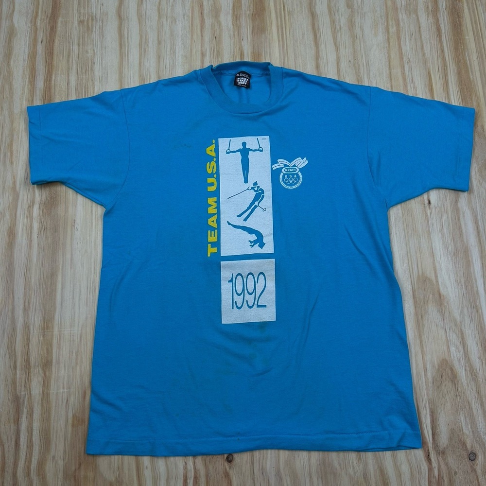 Vintage 1992 Olympics T-Shirt XL Light Blue Short Sleeve TEAM USA‎ Stains